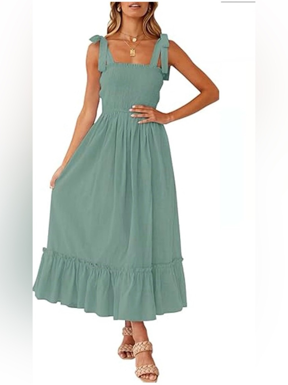 AnraBess Tie-Shoulder Smocked Maxi Dress in Forest Green Size Large